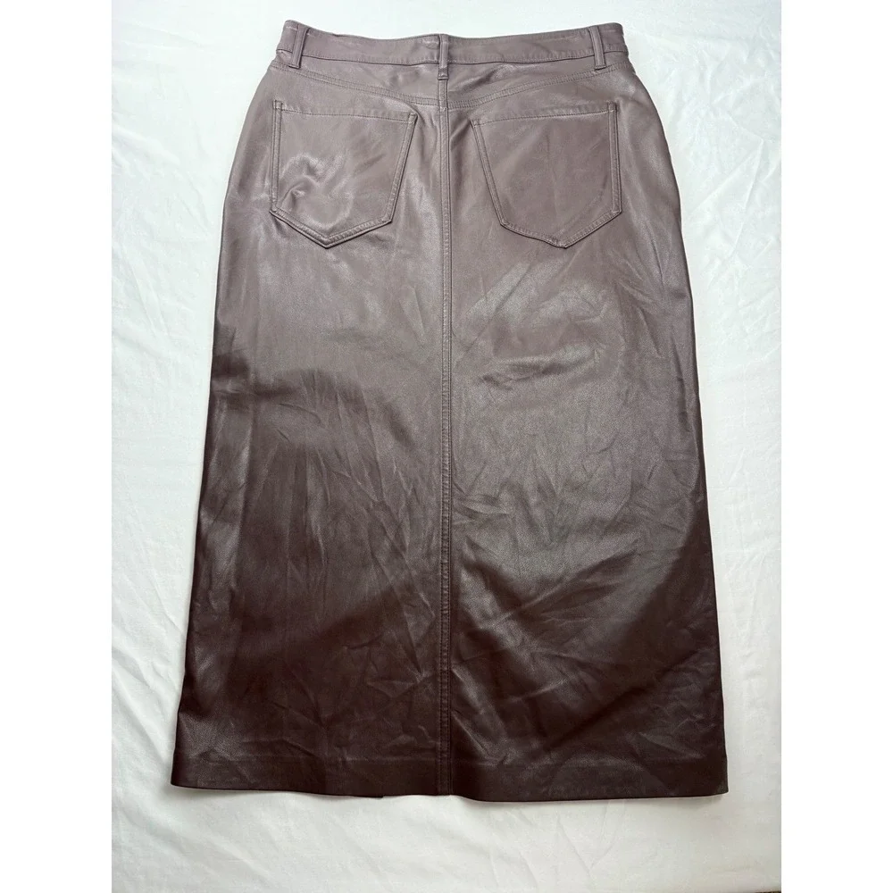 Express 12 Vegan Leather‎ Midi Skirt Brown Straight Front Slit